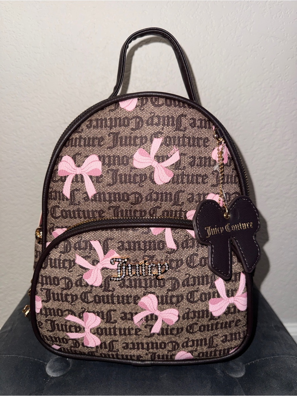 Juicy Couture Brown Mini Backpack with Pink Bow Print